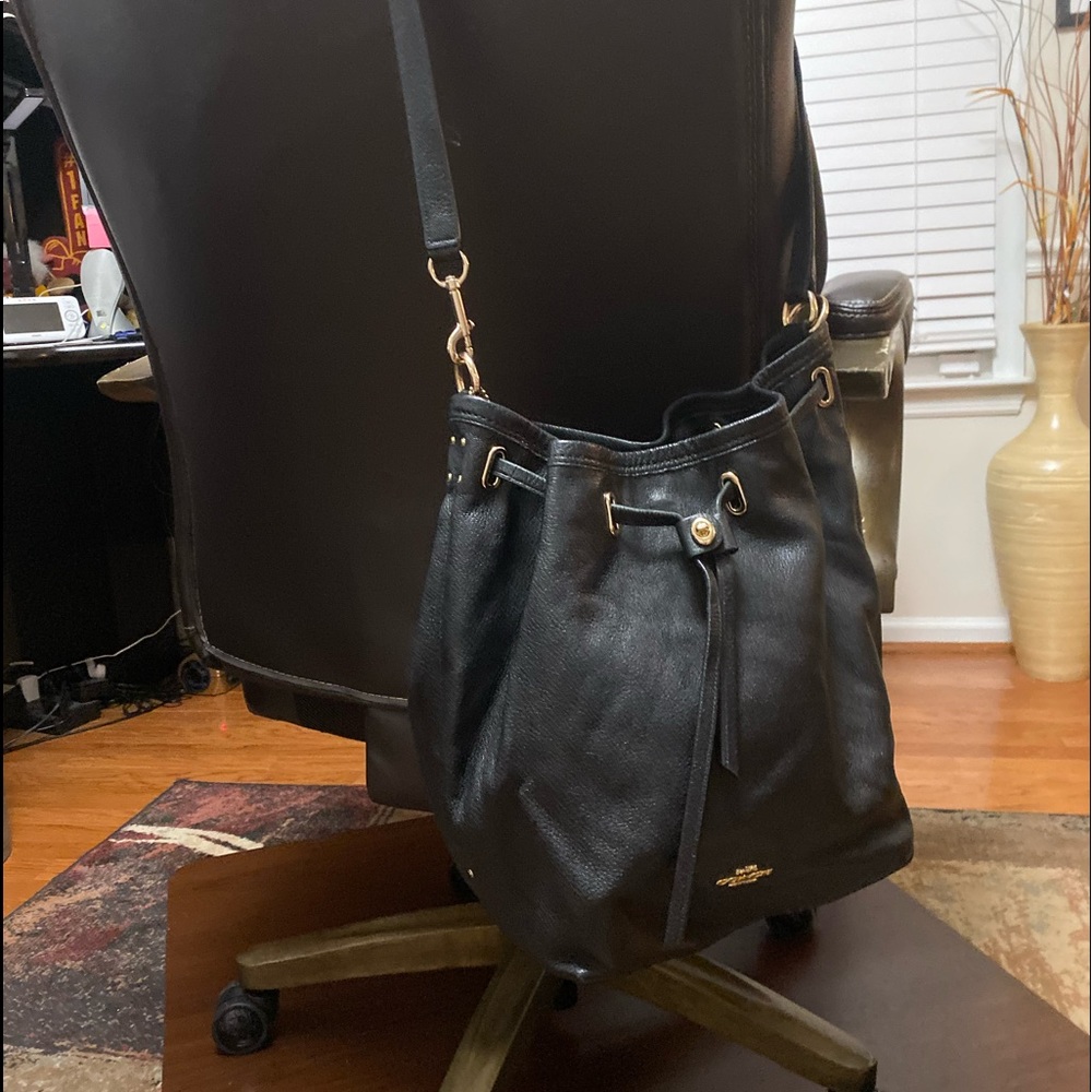 Coach black leather turnlock tie bucket bag